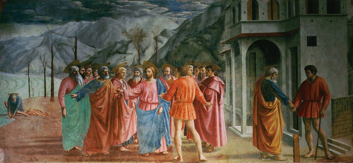 Masaccio's Tribute Money, the whole fresco: Christ and the apostles stopped by a tax collector at the centre, Peter at the lake on the left and paying at the city gate on the right