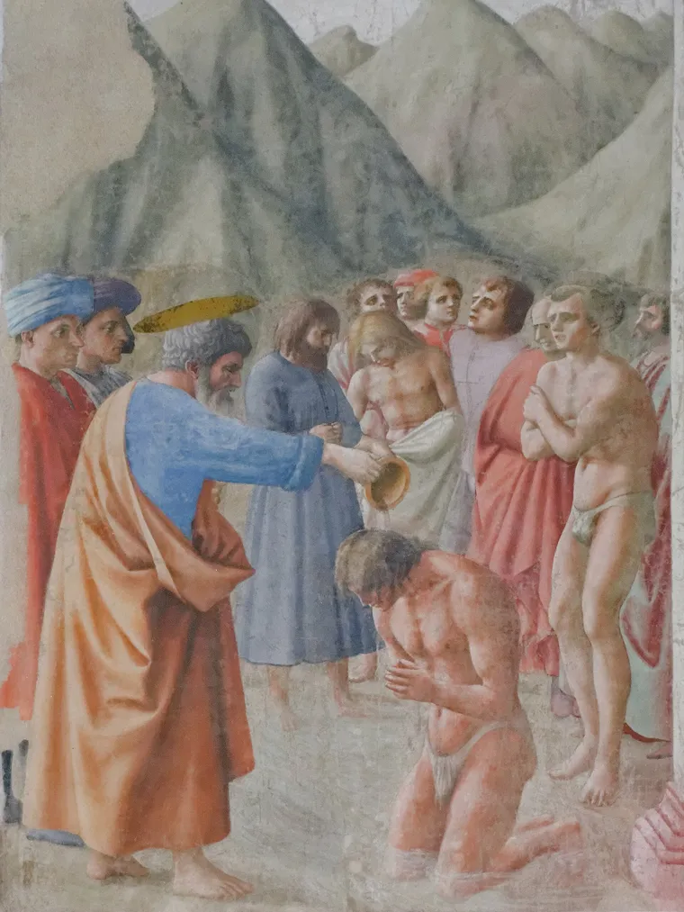 Masaccio's Baptism of the Neophytes: Peter pouring water over a kneeling young man in a river valley