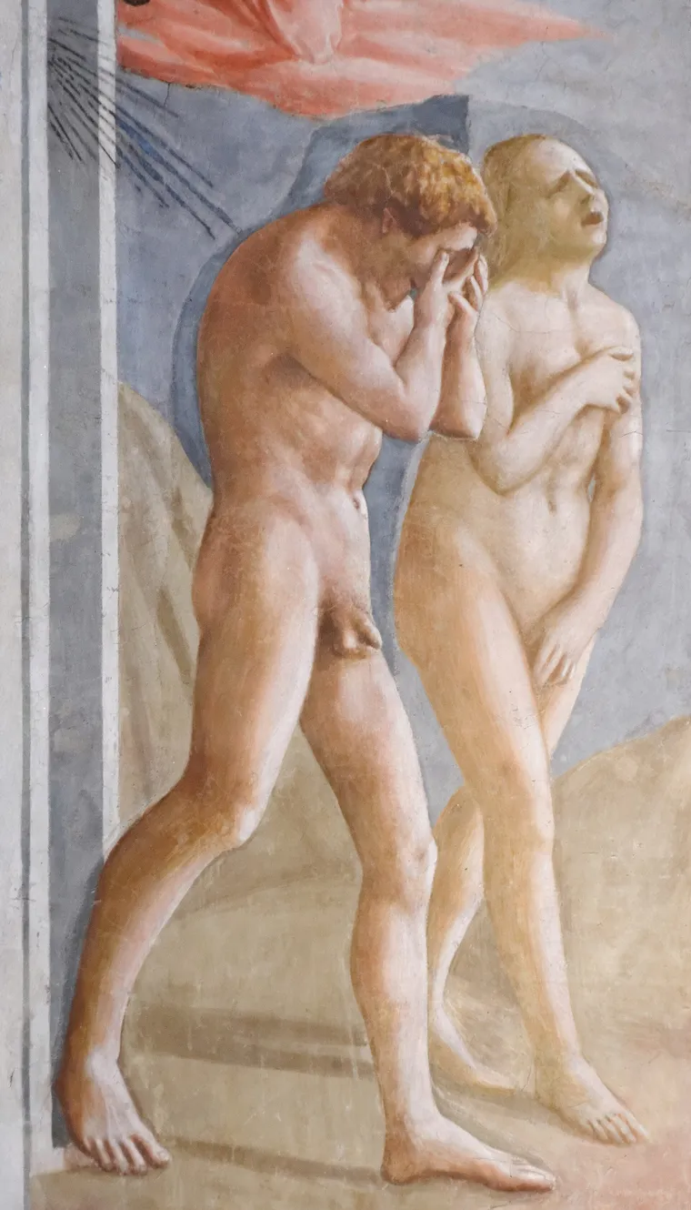 Masaccio's Expulsion: a red angel with a sword above Adam, who covers his face, and Eve, who cries out