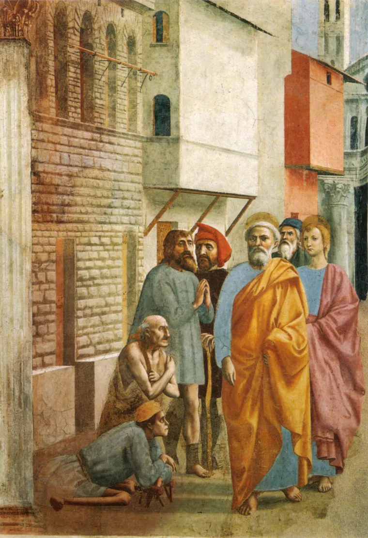 Masaccio's St Peter Healing with his Shadow: Peter in a yellow cloak walking along a Florentine street past kneeling sick men