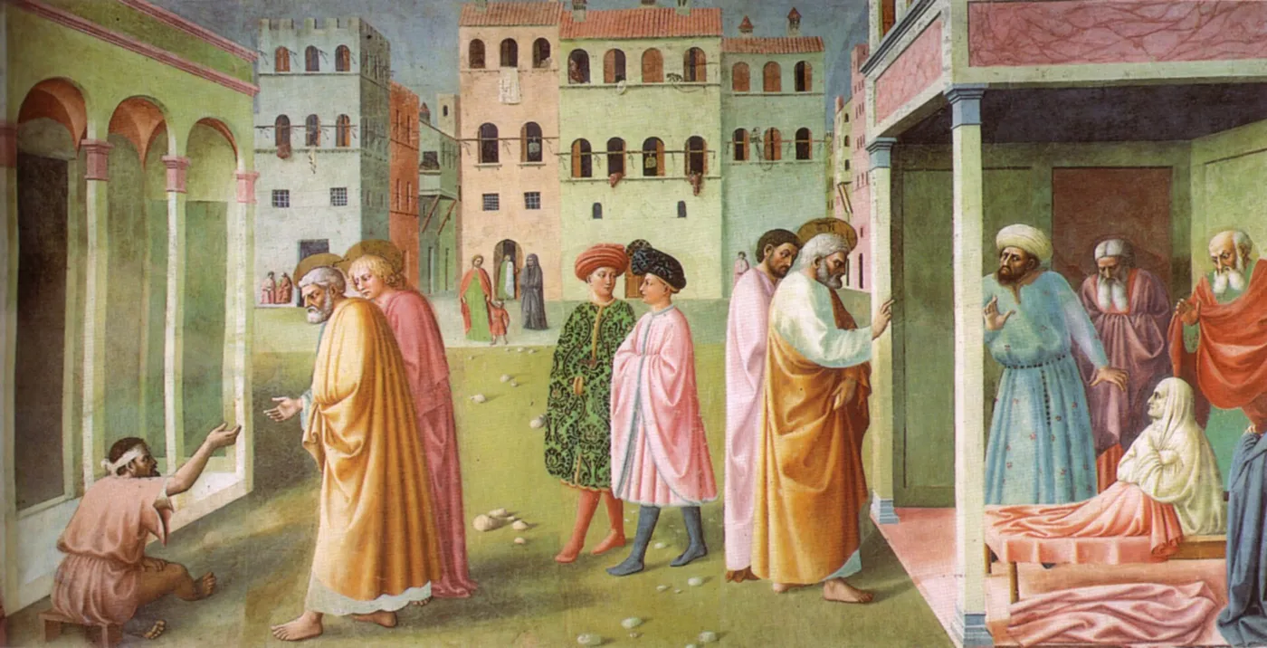Masolino's Healing of the Cripple and Raising of Tabitha: two miracles in a city square with two young men in brocade at the centre