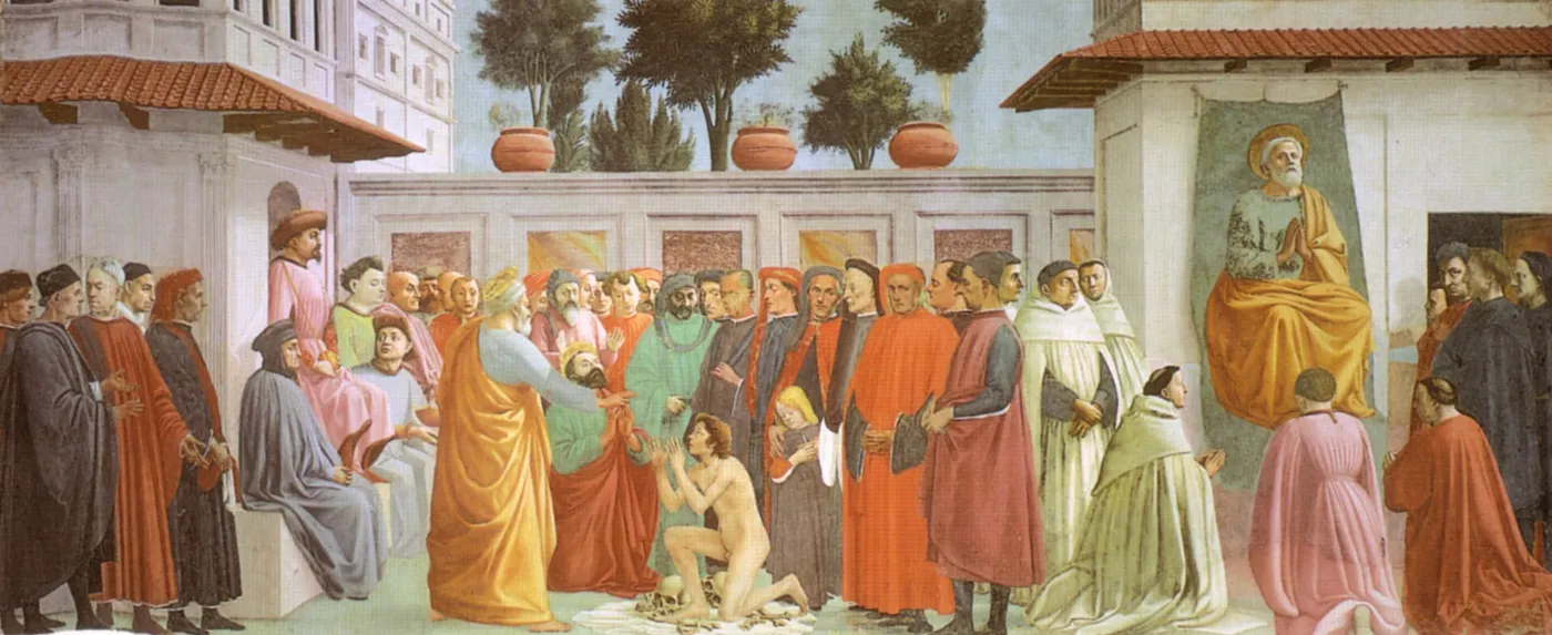 The Raising of the Son of Theophilus: a crowd in a walled courtyard, the revived boy kneeling, St Peter enthroned at the right
